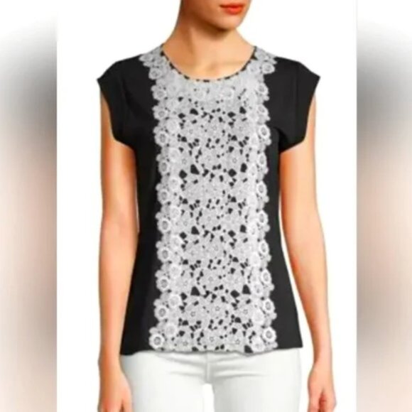Karl Lagerfeld Paris Top Knit Black with White Lace down front-back - Picture 1 of 7